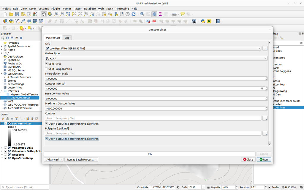 SAGA Contour Lines parameters settings for 1m elevation lines interval and X,Y,Z coordinates.